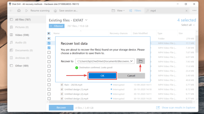 selecting destination for saving the recovered data