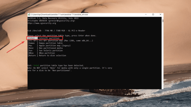 selecting the partition table on testdisk